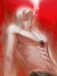  1boy abs dante_(devil_may_cry) devil_may_cry devil_may_cry_(series) devil_may_cry_3 head_back higan1113557 highres jewelry male_focus muscular muscular_male navel necklace pectorals red_background solo stomach toned toned_male topless_male white_hair 