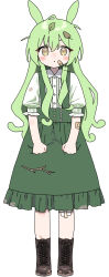  1girl boots branch brown_eyes brown_footwear closed_mouth commentary dirty dirty_clothes dress frilled_dress frills gauze_on_knee green_dress green_hair highres howahowa_kanmiryou leaf leaf_on_head long_hair pinafore_dress sidelocks simple_background sleeveless sleeveless_dress solo voicevox white_background zundamon 