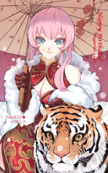  1girl animal artist_name blue_eyes breasts character_name china_dress chinese_clothes cleavage cleavage_cutout clothing_cutout coat dated dress earrings eyeshadow funkid fur_coat gloves happy_birthday highres holding holding_umbrella jewelry long_hair makeup megurine_luka off_shoulder oil-paper_umbrella pink_hair ring sleeveless sleeveless_dress smile solo tiger umbrella vocaloid 