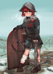  1girl absurdres armor arrow_(projectile) bandage_on_leg bow_(weapon) braid breasts breath burn_scar chainmail crossbow crossbow_bolt fingerless_gloves full_body gambeson gloves green_eyes helmet highres holding holding_crossbow holding_shield holding_weapon homeerosu looking_at_viewer medieval medium_breasts medium_hair original patch pavise quiver red_hair scar scar_on_face shield side_braid snow solo weapon winter 
