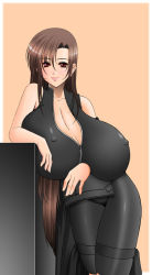  00s 1990s_(style) 1girl akira_agata breasts brown_eyes brown_hair cleavage covered_erect_nipples female_focus final_fantasy final_fantasy_vii final_fantasy_vii_advent_children gigantic_breasts long_hair red_eyes solo square_enix tifa_lockhart very_long_hair  rating:Questionable score:70 user:Nigga