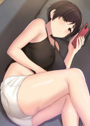 1girl ass bare_arms bare_shoulders black_hair black_shirt brown_eyes camisole cccpo covered_erect_nipples crop_top highres holding holding_phone lying midriff no_bra on_side original phone pixie_cut shirt short_hair short_shorts shorts sleeveless sleeveless_shirt solo spaghetti_strap thighs tomboy white_shorts rating:Questionable score:58 user:danbooru