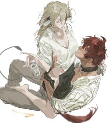  1girl alex_(degrees_of_lewdity) animal_ears artist_request barefoot collar cow_ears cow_girl cow_tail degrees_of_lewdity dog_boy dog_ears hetero horns hug kneeling panties player_character_(degrees_of_lewdity) shirt tail unbuttoned underwear white_background white_shirt 