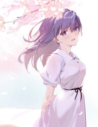  1girl arms_behind_back blush breasts cherry_blossoms commentary dress fate/stay_night fate_(series) hair_ribbon highres long_hair looking_at_viewer matou_sakura official_alternate_costume open_mouth petals purple_eyes purple_hair red_ribbon ribbon short_sleeves siino smile solo 