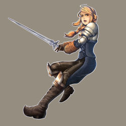  1girl agrias_oaks blonde_hair boots female_focus final_fantasy final_fantasy_tactics full_body gloves highres long_hair mati_(pixiv27420) open_mouth orange_eyes pants simple_background solo sword weapon 