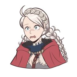  1girl ahoge blue_eyes braid capelet choker fire_emblem fire_emblem_fates grey_hair harness highres hood hood_down hooded_capelet linasart low_twin_braids messy_hair nina_(fire_emblem) nintendo open_mouth parted_bangs red_capelet red_hood solo twin_braids 