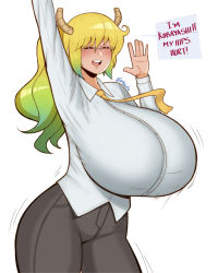  1girl arm_up breasts closed_eyes clothes english_text female_focus gradient_hair happy highres horns joylewds kobayashi-san_chi_no_maidragon large_breasts long_hair lucoa_(maidragon) multicolored_hair necktie open_mouth simple_background smile solo speech_bubble white_background  rating:Sensitive score:59 user:SlayDash