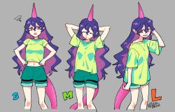 1girl :o annoyed arms_behind_head breasts closed_eyes clothes_pull commentary commentary_request green_shirt green_shorts grey_background hands_on_own_hips highres horns long_hair long_tail medium_breasts messy_hair midriff multiple_views navel oversized_clothes oversized_shirt purple_hair purple_horns purple_tail red_eyes shikido_(khf) shirt shirt_pull short_sleeves shorts simple_background single_horn smile squiggle syringe_holster tail tenkajin_chiyari touhou undersized_clothes upper_body very_long_hair