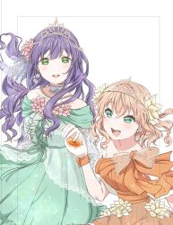  2girls :d aqua_eyes bow bow_earrings breasts choker collarbone commentary cross-laced_clothes cross-laced_dress crossed_bangs dress dress_bow dress_flower earrings flower green_dress green_eyes hair_down hair_flower hair_ornament highres hinoshita_kaho hiro_(fluffy_palette) holding holding_flower imminent_hand_holding jewelry kiseki_no_budoukai_(102nd)_(love_live!) kiseki_no_budoukai_(103rd)_(love_live!) layered_dress link!_like!_love_live! long_hair looking_at_another lotus love_live! medium_breasts medium_hair multiple_girls off-shoulder_dress off_shoulder official_alternate_costume official_alternate_hairstyle open_mouth orange_bow orange_dress orange_flower orange_hair otomune_kozue pink_flower princess purple_hair see-through_dress_layer short_sleeves simple_background smile stud_earrings teeth tiara unfinished upper_teeth_only virtual_youtuber white_background white_choker white_tiara yellow_flower 