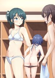 3girls absurdres aqua_hair arms_behind_back ass back blue_eyes blurry blush bow bow_panties bra breasts brown_hair brown_panties changing_room chestnut_mouth depth_of_field hair_bow hair_ornament highres holding holding_towel indoors long_hair looking_at_another medium_breasts multiple_girls nipples nude open_mouth original panties panty_pull ponytail purple_hair raraserara red_eyes short_ponytail towel underwear underwear_only undressing white_bra white_panties rating:Questionable score:18 user:danbooru