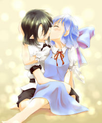 2girls barefoot black_hair blue_dress blue_hair blush bow breasts cirno closed_eyes collared_shirt dress hair_bow hand_in_another&#039;s_hair hat highres hug hug_from_behind ice ice_wings kiss legs light_particles matsu_84 multiple_girls no_headwear pointy_ears ribbon shameimaru_aya shirt short_hair sidelocks sitting sitting_on_lap sitting_on_person small_breasts touhou white_shirt wings yuri rating:Sensitive score:17 user:Cristian