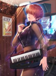 1girl alternate_costume bodystocking bodysuit breasts brown_hair commentary_request earrings hair_over_eyes hair_ribbon highres instrument jewelry keytar lips long_hair looking_at_viewer low_ponytail medium_breasts midriff miniskirt nose puyon_(puyon) ribbon see-through see-through_bodysuit shermie_(kof) skirt solo sparkle split_ponytail strap studio the_king_of_fighters very_long_hair