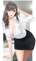  1girl arm_support bad_id bad_pixiv_id black_eyes black_hair black_skirt breasts ceiling ceiling_light chair cleavage collarbone collared_shirt desk hand_in_own_hair indoors keyboard_(computer) long_hair looking_at_viewer medium_breasts miniskirt monitor mouse_(animal) office office_chair office_lady original shida_(ddfd) shirt shirt_tucked_in skirt sleeves_rolled_up smile solo swivel_chair 