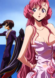  1boy 1girl :o absurdres areola_slip bare_shoulders black_hair blue_eyes blush breasts cleavage code_geass collarbone covered_navel day double_bun dress earrings euphemia_li_britannia hair_bun highres horizon jewelry kimura_takahiro lelouch_vi_britannia long_hair no_bra ocean official_art one_breast_out open_mouth out-of-frame_censoring outdoors parted_lips pink_hair profile purple_dress purple_eyes see-through short_hair sky strapless topless undressing very_long_hair water wet wet_clothes wet_dress white_dress  rating:Questionable score:73 user:danbooru