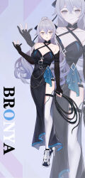  1girl absurdres alternate_costume bare_shoulders black_bow black_collar black_dress black_gloves black_horns bow breasts bronya_zaychik bronya_zaychik_(silverwing:_n-ex) character_name chinese_commentary cleavage collar collarbone commentary covered_navel criss-cross_halter dress elbow_gloves full_body gloves grey_eyes grey_hair hair_between_eyes hair_bow hair_intakes halterneck highres holding holding_whip honkai_(series) honkai_impact_3rd horns large_breasts long_hair looking_at_viewer m78_zaitaoaotezhanshi partially_fingerless_gloves side_slit sidelocks solo standing thigh_strap thighhighs triangle_mouth very_long_hair white_thighhighs 