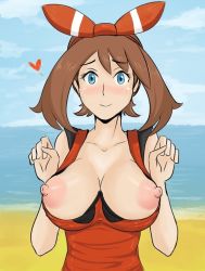  10s 1girl bare_arms bare_shoulders beach blue_eyes blue_sky blush breasts brown_hair cleavage clothes_pull cloud collarbone creatures_(company) day female_focus game_freak hair_ribbon hands_up heart horizon large_breasts looking_at_viewer may_(pokemon) may_(pokemon_oras) nintendo nipples no_bra nose_blush ocean outdoors pokemon pokemon_oras red_ribbon red_shirt ribbon rider_117 shirt shirt_pull sky sleeveless sleeveless_shirt smile solo upper_body  rating:Questionable score:120 user:vesel