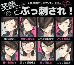  1girl absurdres artist_name blue_jacket blush brown_hair chart closed_eyes closed_mouth commentary constricted_pupils eighth_note expression_chart girls_und_panzer green_eyes grin half-closed_eyes highres jacket keizoku_military_uniform koyama_harutarou long_hair looking_at_viewer musical_note naked_towel pompadour signature smile sweat sweatdrop towel translated yuri_(girls_und_panzer) 