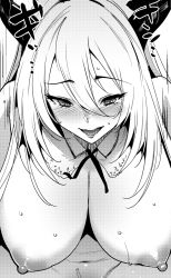 1girl bad_id bad_pixiv_id beast_dominator blush breasts commentary_request full-face_blush greyscale hair_between_eyes large_breasts long_hair looking_at_viewer monochrome nipples open_mouth shadowverse smile solo sweatdrop tomohiro_kai rating:Questionable score:16 user:danbooru