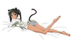  00s 1girl animal_ears bad_id bad_pixiv_id banzai_nekomimi barefoot black_hair cat_ears cat_girl cat_tail feet female_focus francesca_lucchini full_body green_eyes looking_back lying on_stomach panties smile soles solo strike_witches striped_clothes striped_panties tail toes twintails underwear white_background world_witches_series  rating:Questionable score:13 user:danbooru
