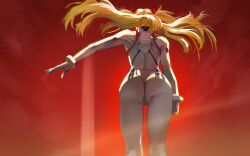  1girl ass ass_focus bodysuit curvy evangelion:_3.0+1.0_thrice_upon_a_time exocet floating_hair from_behind interface_headset long_hair neon_genesis_evangelion orange_hair pilot_suit plugsuit rebuild_of_evangelion skin_tight solo souryuu_asuka_langley standing two_side_up very_long_hair walking white_bodysuit wide_hips 