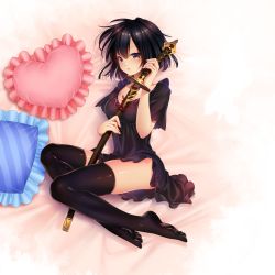1girl absurdres bad_id bad_pixiv_id bed_sheet between_legs black_dress black_hair black_thighhighs breasts collarbone dress erika_(shadowverse) expressionless frilled_dress frilled_pillow frills from_above full_body glint hair_between_eyes heart heart-shaped_pillow highres holding holding_sword holding_weapon katana legs looking_at_viewer looking_to_the_side lying medium_breasts nightgown on_side parted_lips pillow purple_eyes scabbard shadowverse sheath sheathed shiny_clothes shiny_skin short_hair short_sleeves skindentation solo sword thighhighs toes weapon yuitanpo rating:Sensitive score:10 user:danbooru