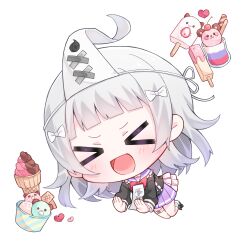  &gt;_&lt; 1girl black_shirt bow chibi chibi_only floating food hair_bow ice_cream no_nose ofuda open_mouth original pleated_skirt popsicle purple_skirt red_bow serurosu shirt short_hair simple_background skirt thigh_strap triangular_headpiece white_background white_hair 