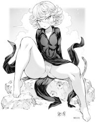  1girl ass blush breasts clothing_aside collarbone curly_hair dress feet gluteal_fold greyscale hair_between_eyes highleg highleg_panties highres long_sleeves looking_at_viewer looking_up mogudan monochrome one-punch_man panties parted_lips partially_visible_vulva pelvic_curtain pelvic_curtain_aside short_hair simple_background sitting small_breasts spread_legs tatsumaki thick_thighs thighs thong underwear white_background wide_hips  rating:Questionable score:110 user:PuttHutt