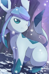  blue_eyes blue_fur creatures_(company) day game_freak gen_4_pokemon glaceon highres looking_at_viewer nintendo no_humans outdoors pokemon pokemon_(creature) rumine_(yoshi1234567) snowing solo two-tone_fur 