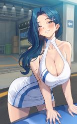 1girl arm_support banned_artist bare_shoulders blue_eyes blue_hair blue_stripes blush breasts cleavage cleavage_cutout clothing_cutout collarbone dress garage hair_ornament halter_dress halterneck jagaimo_(kkamja) large_breasts leaning_forward looking_at_viewer mole mole_on_breast original parted_lips short_dress smile solo soo_ryeon_(jagaimo_(kkamja)) striped_clothes striped_dress thighs vertical_stripes white_dress x_hair_ornament rating:Sensitive score:187 user:danbooru