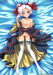  1990s_(style) animal_ears bbmbbf bishoujo_senshi_sailor_moon bishoujo_senshi_sailor_moon_sailor_stars blush breasts cleft_of_venus dakimakura_(medium) grey_eyes hair_ribbon twirling_hair highres japanese_clothes kimono looking_at_viewer lying mouse_ears pussy retro_artstyle ribbon sailor_iron_mouse smile thighhighs twintails uncensored white_hair  rating:Explicit score:53 user:Nithavela