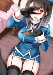 10s 1girl after_fellatio black_gloves black_hair black_panties blue_hat blue_jacket breasts cum cum_in_mouth cum_on_body cum_on_hands cum_on_lower_body cum_on_tongue epaulettes garter_straps gloves hand_over_eye hat heart heart-shaped_pupils jacket kantai_collection kneeling large_breasts long_sleeves looking_at_viewer looking_up oouso panties pantyshot red_eyes short_hair sitting solo symbol-shaped_pupils takao_(kancolle) thighhighs tongue tongue_out underwear wariza wooden_floor rating:Explicit score:36 user:danbooru