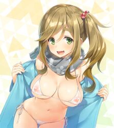  1girl bad_link bikini breasts brown_hair coat fang green_eyes hair_bobbles hair_ornament inuyama_aoi large_breasts looking_at_viewer navel open_clothes open_coat open_mouth sample_watermark scarf shiny_skin side-tie_bikini_bottom side_ponytail signature skin_fang smile solo swimsuit thick_eyebrows watermark yurucamp yuuki_hagure  rating:Questionable score:19 user:danbooru