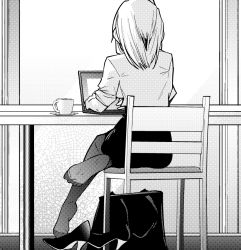  1girl chair coffee_cup computer cup disposable_cup feet laptop long_hair miniskirt monochrome office_lady shoes unworn_shoes sitting skirt soles table  rating:Sensitive score:11 user:ssfl