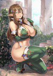 1girl bare_shoulders blush boots breast_hold breasts brown_hair brown_haired_glasses_elf_(houtengeki) bush cleavage commentary_request day earrings elbow_gloves elf fingerless_gloves fingernails glasses gloves grass green_eyes green_gloves green_thighhighs hair_between_eyes hair_ornament highres houtengeki jewelry kneeling large_breasts linea_alba long_hair looking_at_viewer mature_female mushroom navel on_one_knee open_mouth original outdoors pointy_ears revealing_clothes rimless_eyewear ruins shiny_skin sleeveless solo sweat thigh_boots thighhighs thighs rating:Sensitive score:148 user:danbooru