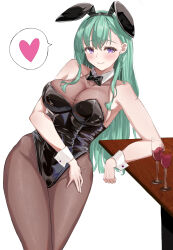  1girl absurdres alcohol animal_ears arm_support bare_shoulders black_leotard blush bodysuit breasts brown_bodysuit brown_pantyhose cleavage closed_mouth cup drinking_glass earrings fake_animal_ears green_hair heart highleg highleg_leotard highres jewelry large_breasts leaning_to_the_side leotard long_hair looking_at_viewer mole mole_on_breast pantyhose playboy_bunny purple_eyes rabbit_ears see-through see-through_cleavage smile solo spoken_heart strapless strapless_leotard stud_earrings swept_bangs table thighs very_long_hair virtual_youtuber vspo! wa_b226 white_background wine wine_glass wrist_cuffs yakumo_beni 