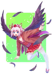  1girl absurdres black_footwear black_wings blue_eyes brown_jacket commentary_request falling_feathers feathered_wings feathers flat_chest full_body green_background grey_hair happi hat highres indie_virtual_youtuber jacket japanese_clothes leaning_forward looking_at_viewer mahjong mahjong_soul mahjong_tile medium_bangs okobo open_clothes open_jacket open_mouth pleated_skirt red_hat red_skirt ribbon-trimmed_thighhighs ribbon_trim sandals seigaiha senba_kurono short_hair skirt smile solo thighhighs tokin_hat virtual_youtuber white_thighhighs wings yoshimura_ken&#039;ichirou 