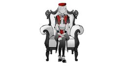  1girl armchair ascot bang_dream! bang_dream!_it&#039;s_mygo!!!!! capelet chair full_body greyscale hands_on_lap hat long_hair monochrome red_hat red_shorts shoes shorts sigangsan simple_background sitting skirt solo spot_color thighhighs wakaba_mutsumi white_background 