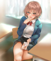 1girl :d absurdres bababababan bad_id bad_pixiv_id black_skirt blazer blush bow bowtie breasts brown_eyes brown_hair buttons cameltoe cellphone chair classroom collared_shirt crossed_legs curtains day desk dress_shirt eyelashes fingernails hair_between_eyes hand_to_own_mouth hand_up highres holding holding_phone indoors jacket large_breasts legs lips long_sleeves looking_at_viewer miniskirt nail_polish open_clothes open_jacket open_mouth original panties pantyshot phone pink_lips pink_nails pleated_skirt red_bow red_bowtie school_chair school_desk school_uniform shirt short_hair sitting skirt smartphone smile solo teeth tongue underwear upper_teeth_only upskirt white_panties white_shirt window wing_collar x-ray rating:Questionable score:22 user:danbooru