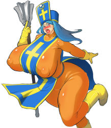 1girl apron blue_hair blush bodysuit boots breasts chunsoft curvy dragon_quest dragon_quest_iii enix female_focus hat huge_breasts legs long_hair mace nipples open_mouth priest_(dq3) puffy_nipples red_eyes running sasaki_tatsuya simple_background solo thick_thighs thighs weapon white_background rating:Questionable score:61 user:Xander