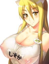  1girl absurdres animal_ears bare_shoulders blonde_hair blush breasts cat_ears cleavage clothes elbow_gloves covered_erect_nipples gloves highres highschool_of_the_dead huge_breasts long_hair marikawa_shizuka one-piece_swimsuit school_swimsuit smile swimsuit yellow_eyes yn_red 