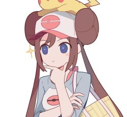  1girl 343rone bag baseball_cap blue_eyes brown_hair closed_mouth commentary_request creatures_(company) double_bun doughnut_hair_bun game_freak gen_1_pokemon hair_bun hand_on_own_chin hat holding holding_bag long_hair nintendo on_head pikachu poke_ball_print pokemon pokemon_(creature) pokemon_bw2 pokemon_on_head print_headwear rosa_(pokemon) simple_background smile sparkle thinking upper_body white_background 