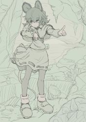  1girl animal_ears capelet cave female_focus ishikkoro long_sleeves monochrome mouse_(animal) mouse_ears mouse_tail nazrin open_mouth pantyhose pointing short_hair skirt solo tail touhou  rating:General score:8 user:danbooru