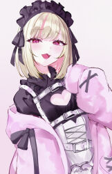 1girl :d absurdres black_shirt blush cleavage_cutout clothing_cutout fang heart_cutout highres jacket long_sleeves looking_at_viewer maid_headdress makaino_ririmu makaino_ririmu_(4th_costume) mile_(off8mile) nijisanji off_shoulder open_mouth pink_eyes pink_hair pink_jacket shirt simple_background smile solo upper_body virtual_youtuber