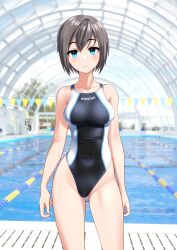  1girl absurdres black_hair black_one-piece_swimsuit blue_eyes breasts clothes_writing commentary_request competition_swimsuit contrapposto covered_navel cowboy_shot highleg highleg_swimsuit highres indoors lane_line medium_breasts one-piece_swimsuit original pool short_hair solo standing string_of_flags swimsuit takafumi tomboy two-tone_swimsuit variant_set 