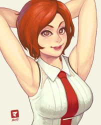 1girl armpits breasts closed_mouth large_breasts lipstick looking_at_viewer makeup maou_alba necktie red_hair short_hair simple_background smile solo the_king_of_fighters vanessa_(kof) rating:Sensitive score:16 user:danbooru