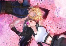 1boy 1girl armor bare_shoulders black_gloves black_hair black_skirt blonde_hair blue_eyes blush breasts cloud_strife commentary couple crop_top elbow_gloves english_commentary field final_fantasy final_fantasy_vii final_fantasy_vii_remake fingerless_gloves flower flower_field from_above gloves hair_flower hair_ornament hand_on_another&#039;s_head hetero large_breasts long_hair looking_at_another lying midriff navel on_back pink_flower red_eyes shoulder_armor skirt sleeveless sleeveless_turtleneck spiked_hair spykeee suspender_skirt suspenders tank_top tifa_lockhart turtleneck twitter_username upper_body white_tank_top