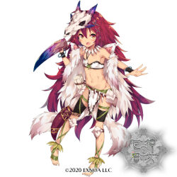 1girl 2020 armpits bare_shoulders coat feathers feet flat_chest full_body holding holding_weapon long_hair necklace open_mouth orange_eyes original red_hair smile tooth_necklace tribal unacchi_(nyusankin) weapon white_background