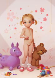  1girl alkemanubis bear blonde_hair blue_eyes bracelet crayon drawing_(object) flat_chest flower highres holding holding_stuffed_toy jewelry lego loli looking_at_viewer mary_janes navel nipples nude paper pink_footwear pussy shoes short_hair socks standing stuffed_animal stuffed_toy teddy_bear toy toy_train train twintails uncensored white_socks 
