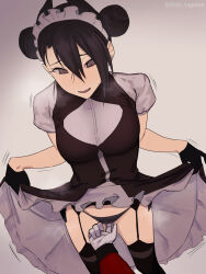 1girl agent_(girls&#039;_frontline) black_gloves black_hair black_thighhighs blush breasts cleavage clothes_lift double_bun dress fingering fingering_through_clothes fingering_through_panties girls&#039;_frontline gloves hair_between_eyes hair_bun highres lifted_by_self long_hair looking_at_viewer maid maid_headdress medium_breasts mizukamakiri multiple_girls panties pussy_juice sangvis_ferri short_sleeves small_breasts solo thighhighs through_clothes underwear 
