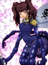  1girl atlus beelzebub_(megami_tensei) breasts brown_eyes brown_hair corruption costume covered_erect_nipples earrings extra_arms jewelry kujikawa_rise lips necklace persona persona_4 ryuney skull skull_and_crossbones staff sweatdrop tears tentacles transformation twintails wings  rating:Questionable score:10 user:rpgman1